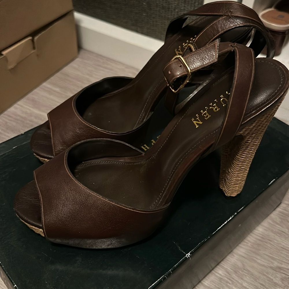 Ralph Lauren Fantara dark brown vachetta sandals raffia 5 inch heel
